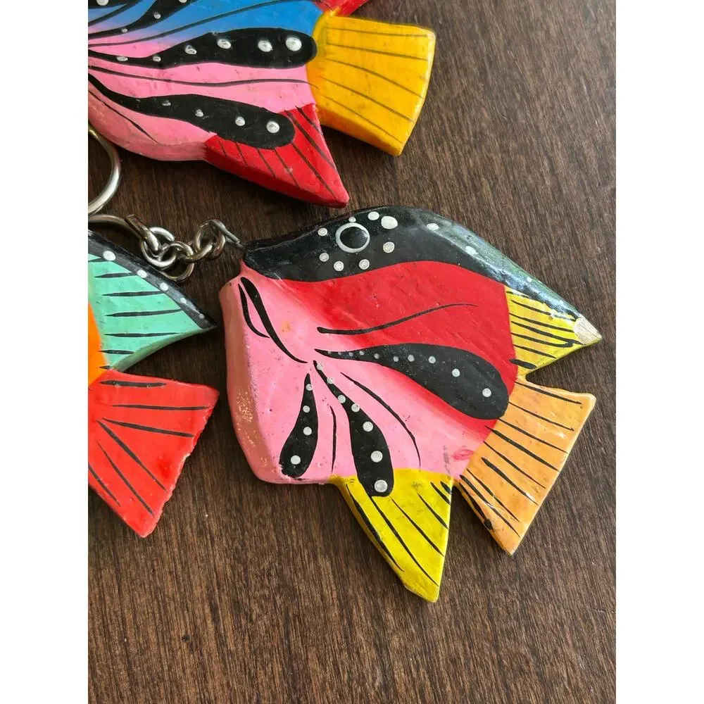 10 vintage hand-painted wooden tropical fish key chains ornaments